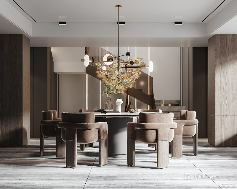 Elegant Modern Dining Table Set With Beige Chairs Hanging Chandelier And Decorative Vase 3d model 