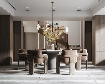 Elegant Modern Dining Table Set With Beige Chairs Hanging Chandelier And Decorative Vase 3d model