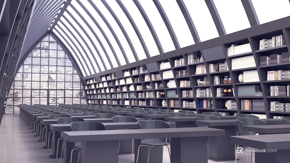 Modern Library Interior With Curved Glass Dome Bookshelves And Reading Desks 3d model 