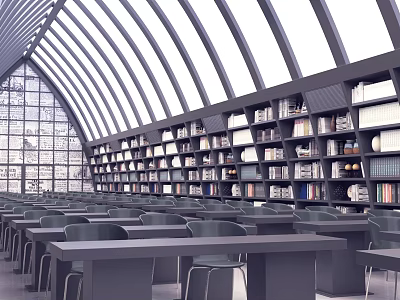Modern Library Interior With Curved Glass Dome Bookshelves And Reading Desks 3d model