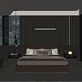 Modern Bedroom Interior With Dark Wooden Wall Upholstered Headboard Bedside Lamps Armchair And Area Rug
