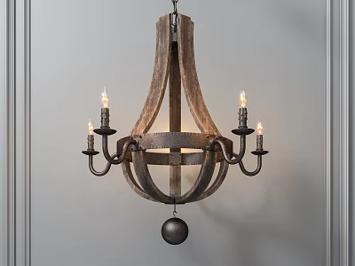 Rustic Wooden And Metal Chandelier With Candle Style Lights And Decorative Ball 3d model