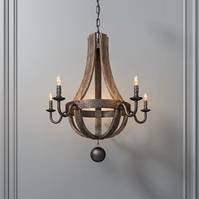 Rustic Wooden And Metal Chandelier With Candle Style Lights And Decorative Ball 3d model