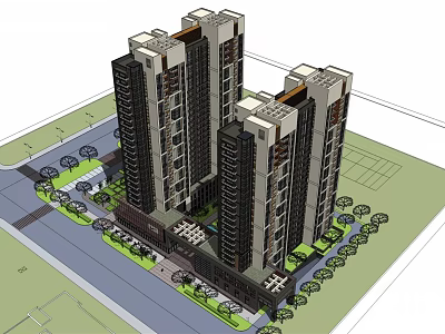 Modern High Rise Residential Building With Green Areas And Roads 3d model
