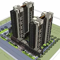 Modern High Rise Residential Building With Green Areas And Roads