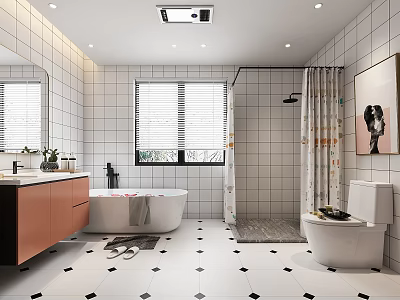 Modern Bathroom Interior With White Tiled Walls Bathtub Shower Wooden Vanity And Decorative Painting 3d model