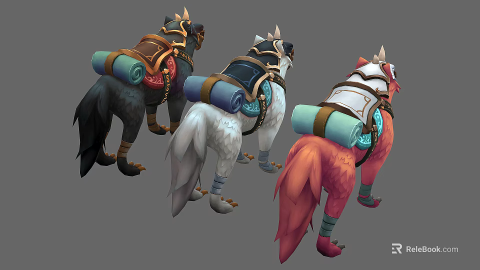 Three Colorful Mythical Creature Mounts With Decorative Saddles Backpacks And Rolled Mats 3d model 