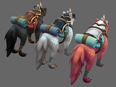 Three Colorful Mythical Creature Mounts With Decorative Saddles Backpacks And Rolled Mats 3d model