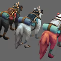 Three Colorful Mythical Creature Mounts With Decorative Saddles Backpacks And Rolled Mats