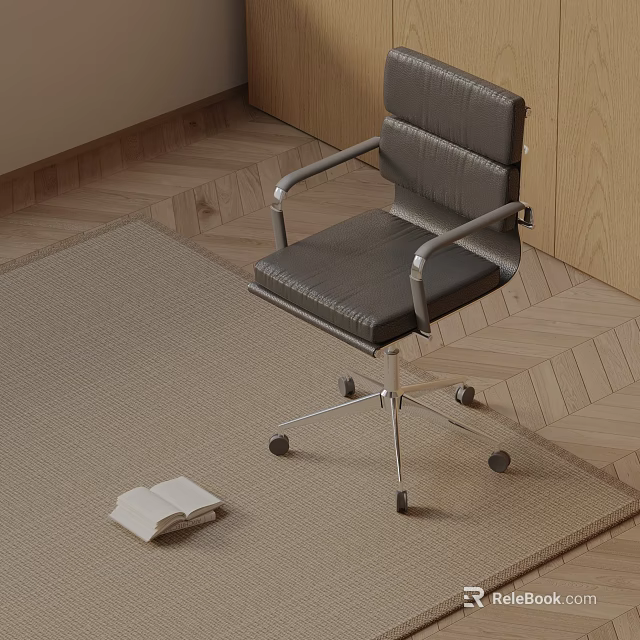 Modern Black Massage Chair with Silver Armrests Wheels on Wooden Floor Light Carpet Open Book 3d model 