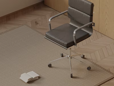 Modern Black Massage Chair with Silver Armrests Wheels on Wooden Floor Light Carpet Open Book 3d model