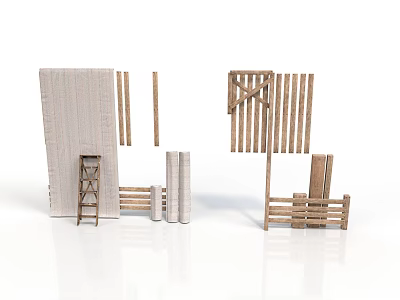 Wooden Architectural Models With Fence Ladder Planks Posts And Design Elements 3d model