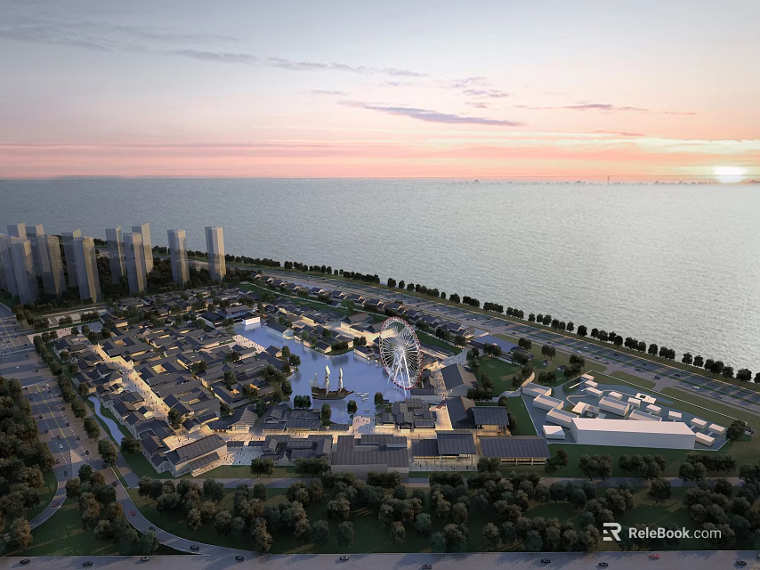 Aerial Planning of Coastal Urban Area With Residential Commercial Buildings Green Spaces and Sea View 3d model 