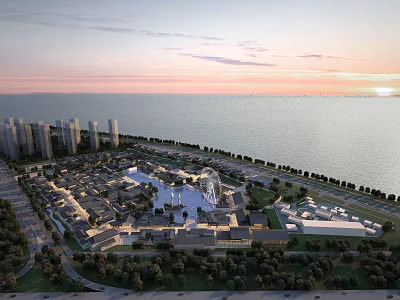 Aerial Planning of Coastal Urban Area With Residential Commercial Buildings Green Spaces and Sea View 3d model