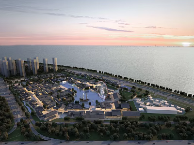 Aerial Planning of Coastal Urban Area With Residential Commercial Buildings Green Spaces and Sea View 3d model