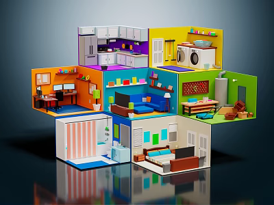 Cartoon Scene Of Colorful Multi Layered Room Model With Various Furniture And Decorations 3d model