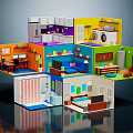 Cartoon Scene Of Colorful Multi Layered Room Model With Various Furniture And Decorations