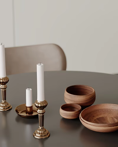 Stylish Candle And Wooden Bowl Arrangement On Table For Home Decor 3d model