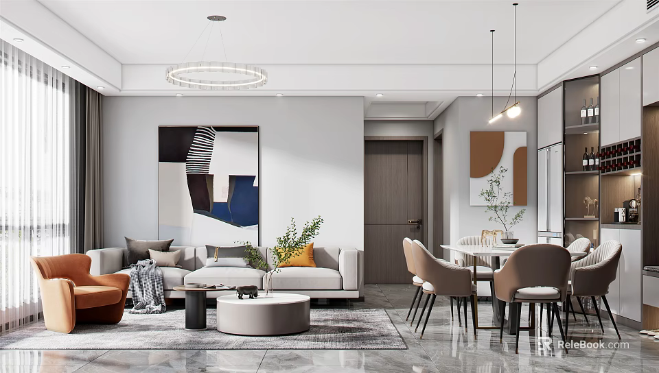 Modern Open Concept Living And Dining Area Decor 3d model