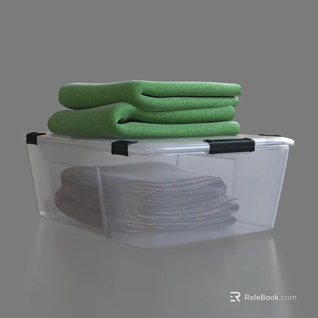 Transparent Plastic Storage Bin with Folded Blankets and Green Towels Inside 3d model 