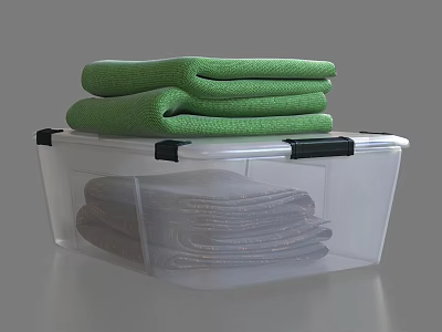 Transparent Plastic Storage Bin with Folded Blankets and Green Towels Inside 3d model