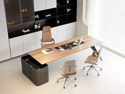 Modern Wooden Office Desk With Rolling Chairs Cabinets And Laptop Items In Bright Room 3d model
