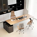 Modern Wooden Office Desk With Rolling Chairs Cabinets And Laptop Items In Bright Room