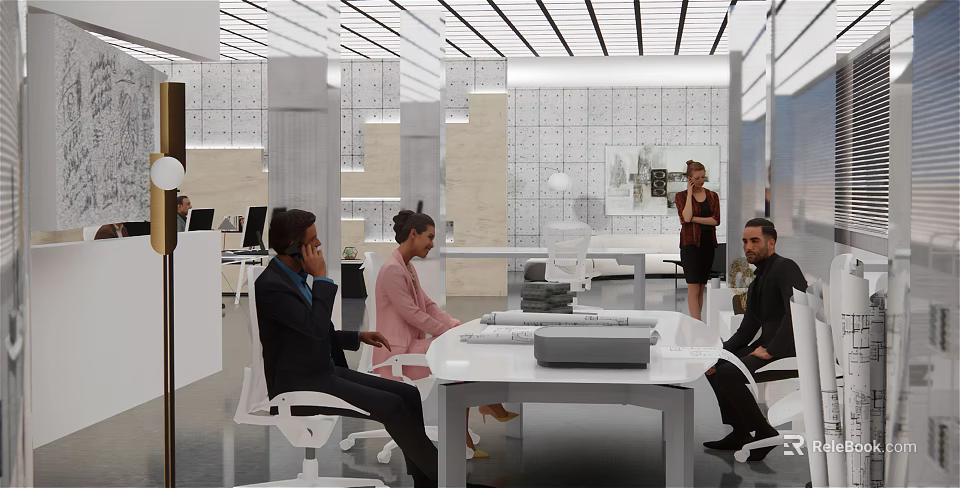 Modern Office Interior Design With White Meeting Table And People Collaborating 3d model 