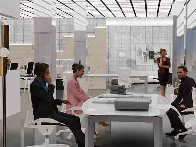 Modern Office Interior Design With White Meeting Table And People Collaborating 3d model
