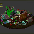 Cartoon Scene with Green Emeralds Brown Tree Stump and Fence Pink Tent and Orange Pebbles
