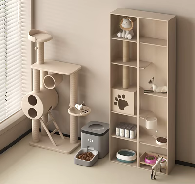 Modern Storage Shelf With Cat Tree Litter Box Food Bowl And Decorative Items 3d model