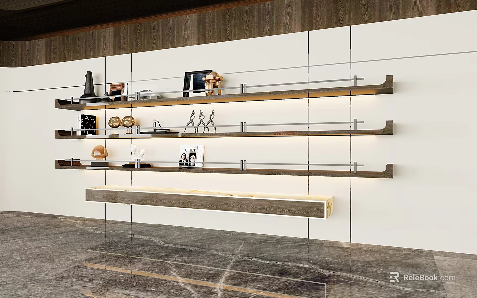 Modern Wooden Wall Mounted Shelves With Decorative Items And LED Lighting In Living Room 3d model 