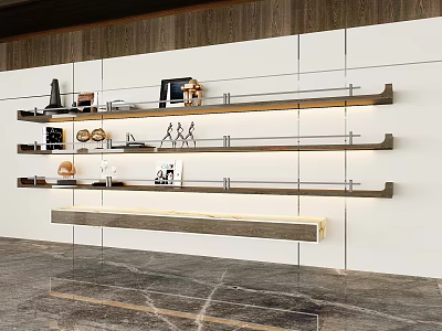 Modern Wooden Wall Mounted Shelves With Decorative Items And LED Lighting In Living Room 3d model