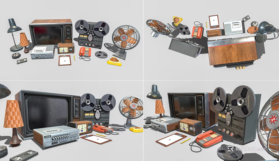 Vintage Daily Appliances Collection Including Radio Fan Tape Recorder And Television 3d model 