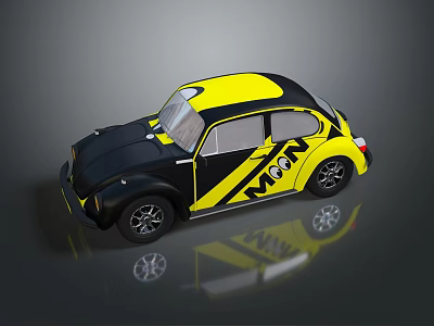 Vintage Beetle Style Car In Yellow And Black With MON Lettering Design 3d model