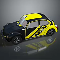 Vintage Beetle Style Car In Yellow And Black With MON Lettering Design
