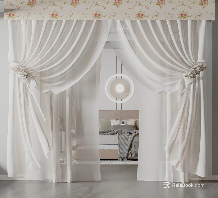 White Sheer Curtains With Decorative Bows And Round Mirror In Modern Bedroom Interior 3d model 