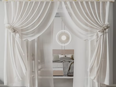 White Sheer Curtains With Decorative Bows And Round Mirror In Modern Bedroom Interior 3d model