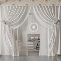 White Sheer Curtains With Decorative Bows And Round Mirror In Modern Bedroom Interior