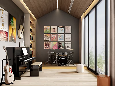 Modern Leisure Room Interior With Piano Guitar Drum Set And Vinyl Record Covers 3d model