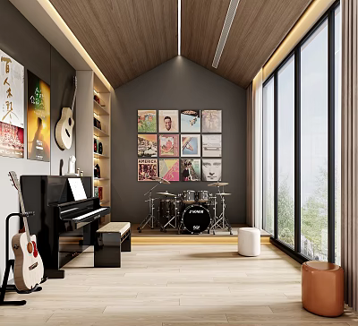 Modern Leisure Room Interior With Piano Guitar Drum Set And Vinyl Record Covers 3d model