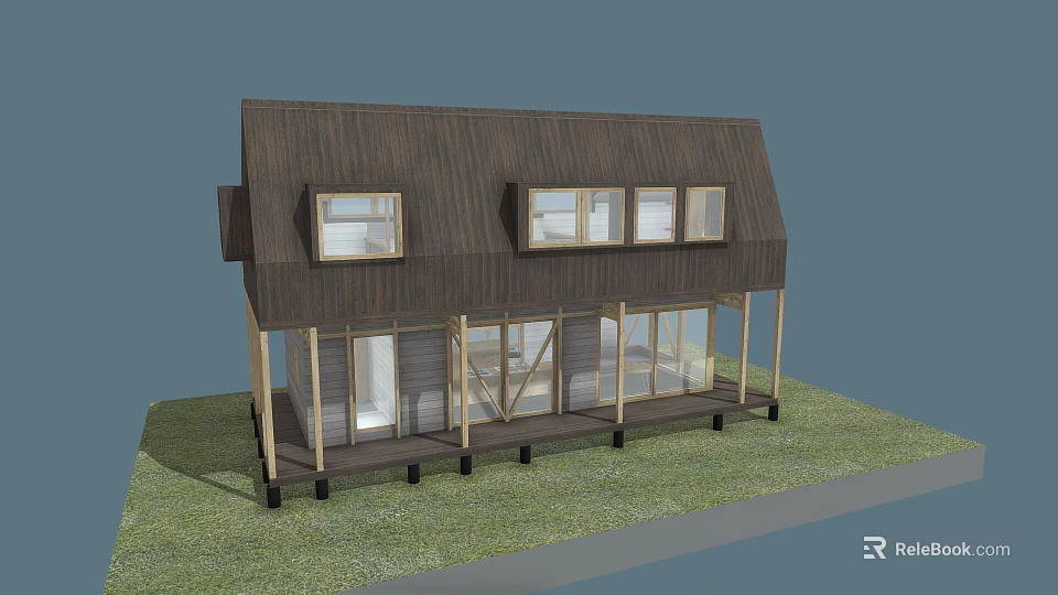 Modern Single Family Home With Dark Roof Multiple Windows Porch Columns And Grass Lawn 3d model 