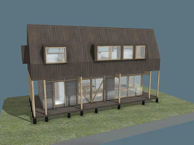 Modern Single Family Home With Dark Roof Multiple Windows Porch Columns And Grass Lawn 3d model