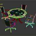 Round Wooden Game Table With Poker Cards Chips And Wheeled Black Chairs