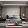 Modern Bedroom Interior With Wooden Accents Large Bed Area Rug Accent Chair And Glass Cabinet
