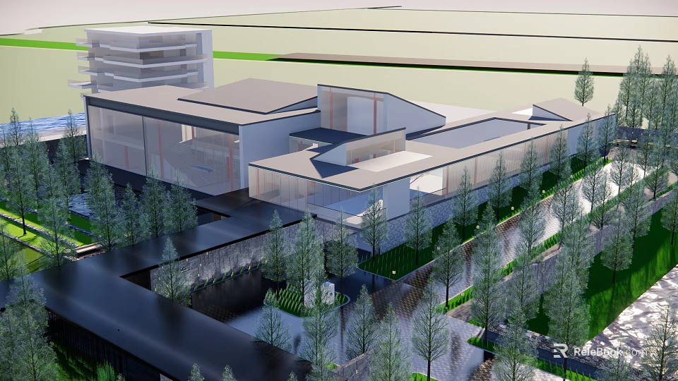 Modern Sales Office Building With Glass Facade Geometric Roof Surrounded by Trees And Water Features 3d model 