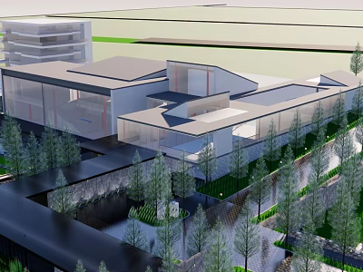 Modern Sales Office Building With Glass Facade Geometric Roof Surrounded by Trees And Water Features 3d model