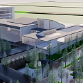 Modern Sales Office Building With Glass Facade Geometric Roof Surrounded by Trees And Water Features