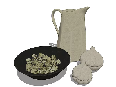 Decorative Ornament Set Including Beige Pitcher Black Bowl With Quail Eggs And Two Beige Ornaments 3d model