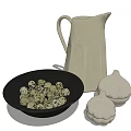 Decorative Ornament Set Including Beige Pitcher Black Bowl With Quail Eggs And Two Beige Ornaments